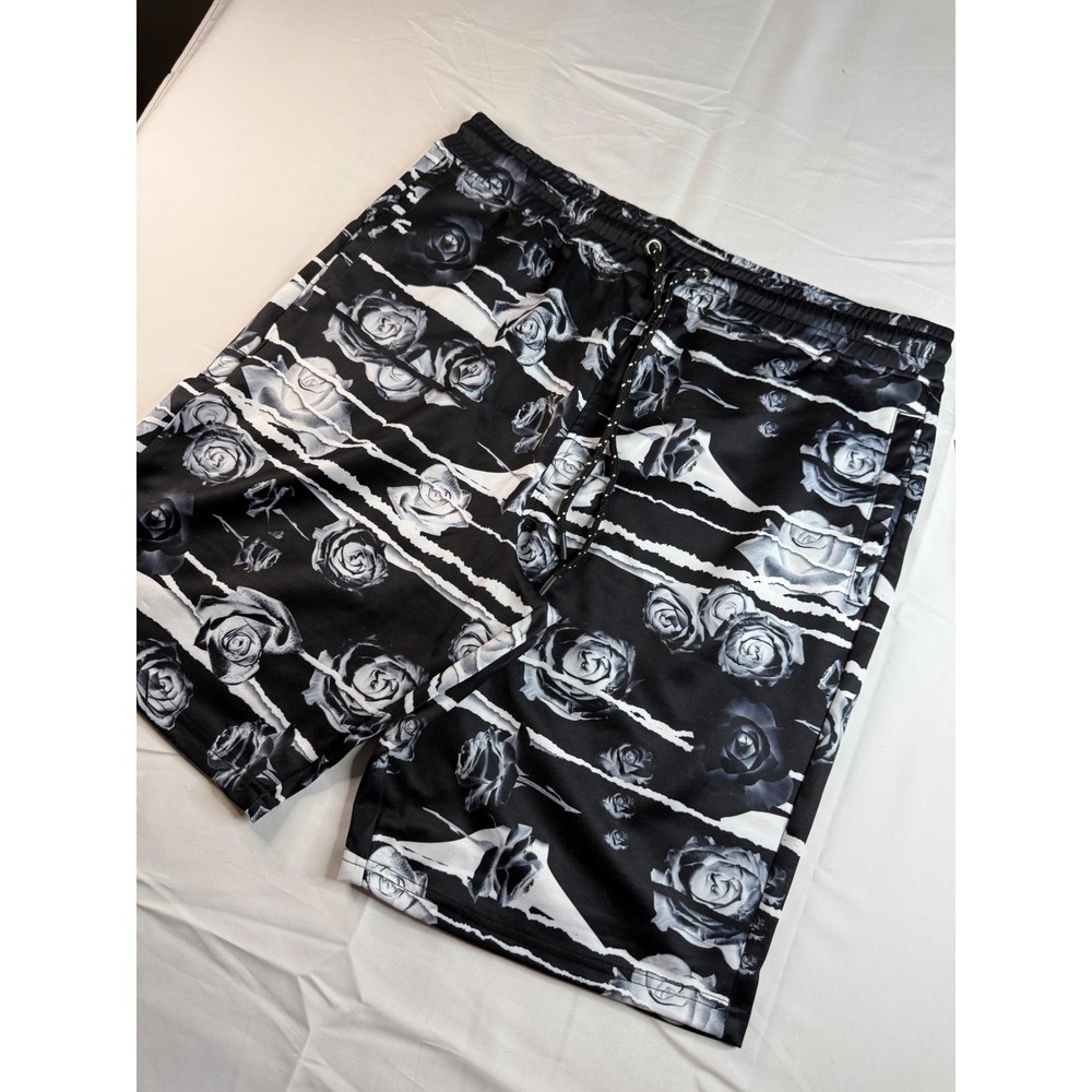Fresh Prints of Bel-Air Mens Floral Rose Print Athletic Shorts Black White L NWT